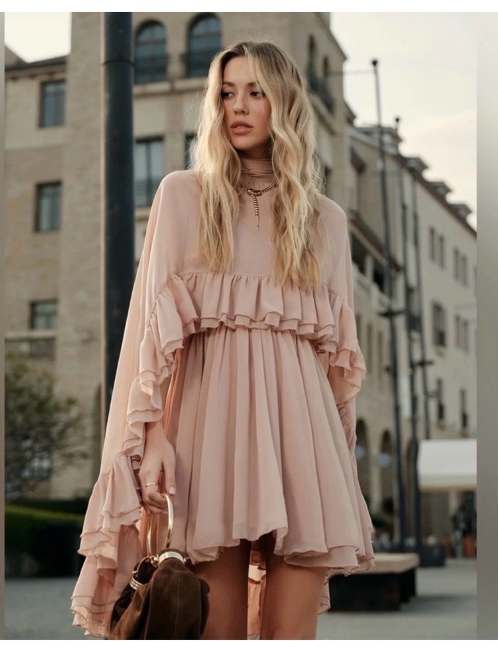 Commense Semi-Sheer Chiffon Ruffle Dress With Outer Cape - Picture 3 of 16